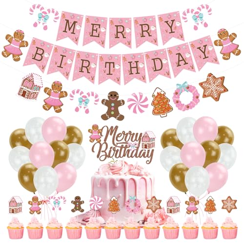 K KUMEED Pink Gingerbread Man Decorations Christmas Merry Birthday Banner Cute Candy House Cake Topper Latex Balloons for Boys Girls Merry Birthday Party Supplies Baby Shower - Image 1