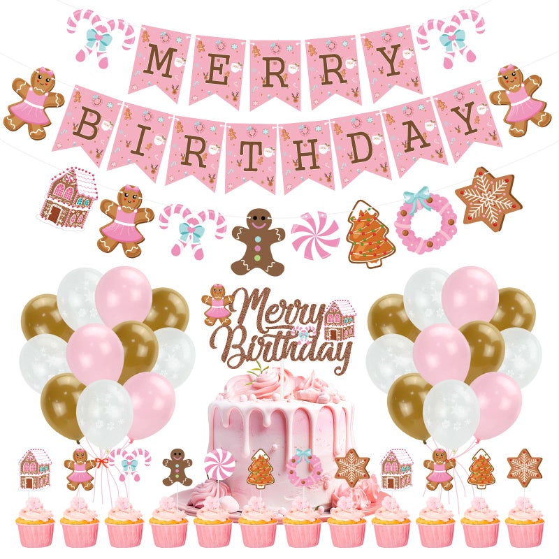 K KUMEED Pink Gingerbread Man Decorations Christmas Merry Birthday Banner Cute Candy House Cake Topper Latex Balloons for Boys Girls Merry Birthday Party Supplies Baby Shower - Image 3