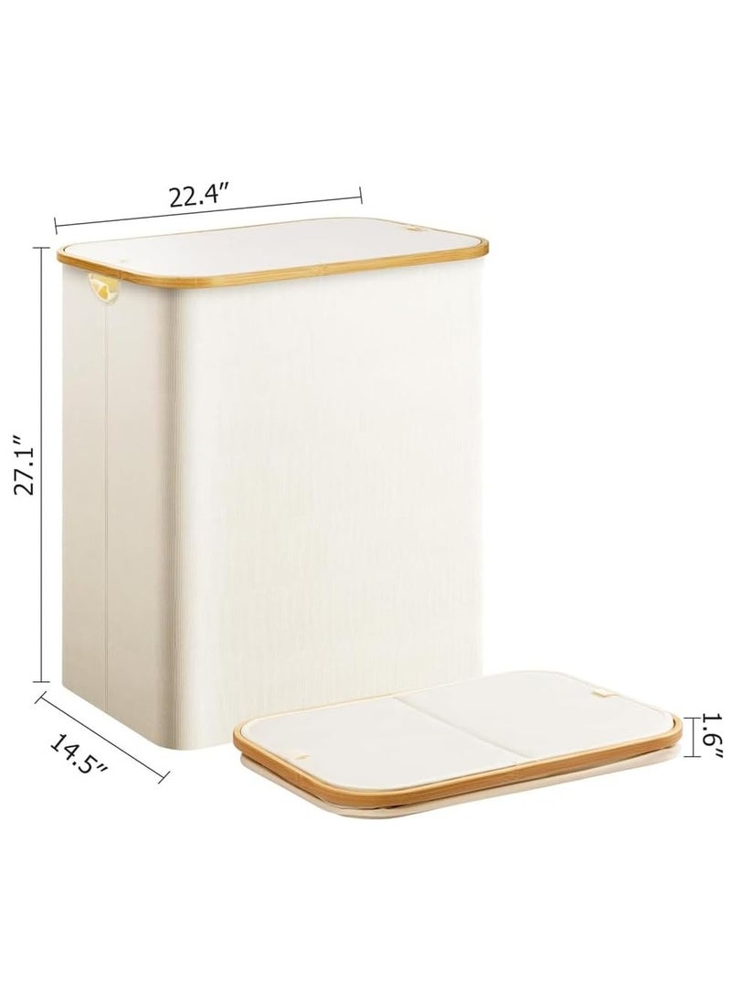 Taizz Ventures - 150L Large Laundry Basket with Double Compartment - Foldable Oxford Fabric Hamper with Dustproof Lid & Bamboo Handles for Clothes, Toys, Towels - Space-Saving 14.5Lx22.4Wx27.1H Inch - Cream White - Image 1
