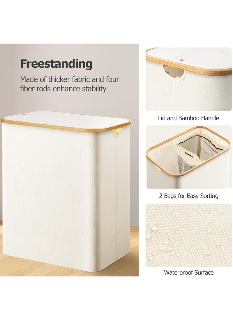 Taizz Ventures - 150L Large Laundry Basket with Double Compartment - Foldable Oxford Fabric Hamper with Dustproof Lid & Bamboo Handles for Clothes, Toys, Towels - Space-Saving 14.5Lx22.4Wx27.1H Inch - Cream White - Image 1