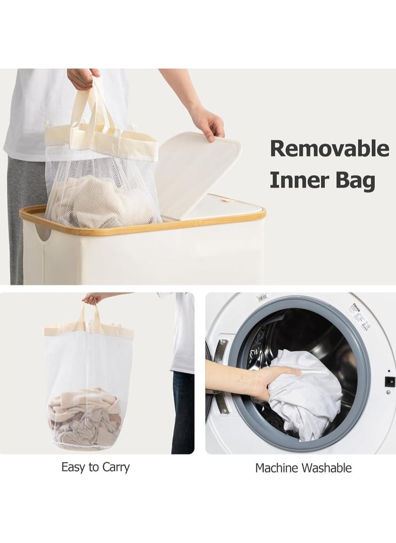 Taizz Ventures - 150L Large Laundry Basket with Double Compartment - Foldable Oxford Fabric Hamper with Dustproof Lid & Bamboo Handles for Clothes, Toys, Towels - Space-Saving 14.5Lx22.4Wx27.1H Inch - Cream White - Image 1