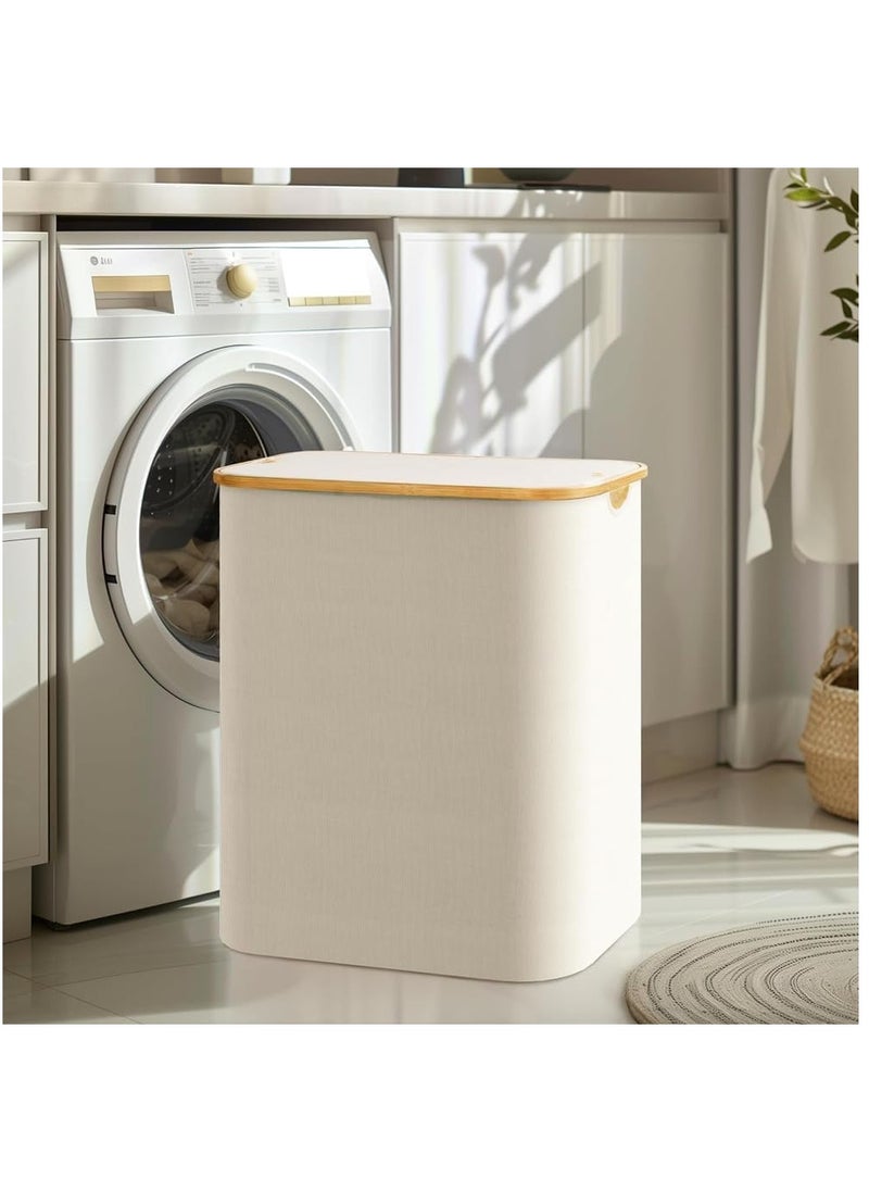 Taizz Ventures - 150L Large Laundry Basket with Double Compartment - Foldable Oxford Fabric Hamper with Dustproof Lid & Bamboo Handles for Clothes, Toys, Towels - Space-Saving 14.5Lx22.4Wx27.1H Inch - Cream White - Image 1
