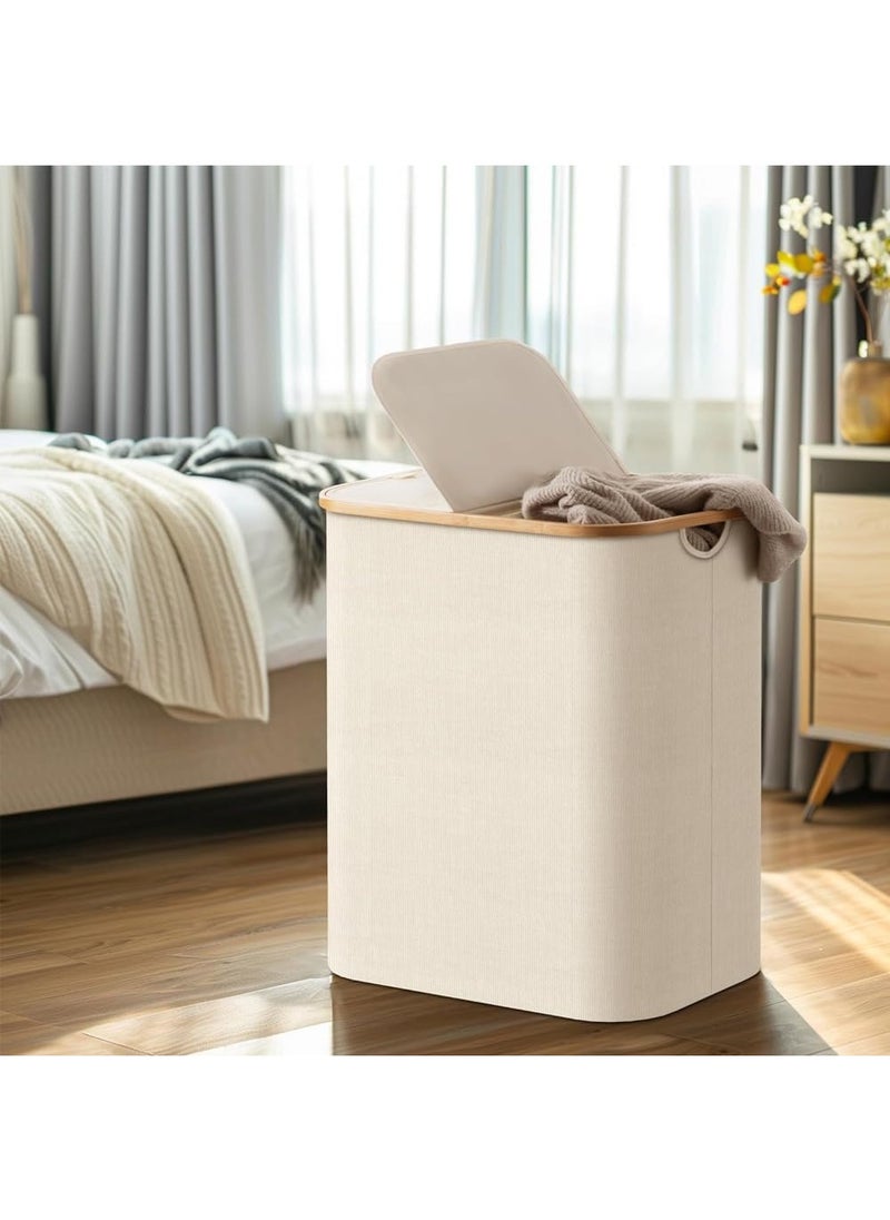 Taizz Ventures - 150L Large Laundry Basket with Double Compartment - Foldable Oxford Fabric Hamper with Dustproof Lid & Bamboo Handles for Clothes, Toys, Towels - Space-Saving 14.5Lx22.4Wx27.1H Inch - Cream White - Image 1