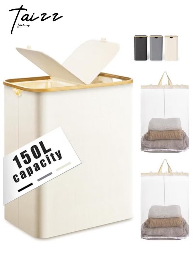 Taizz Ventures - 150L Large Laundry Basket with Double Compartment - Foldable Oxford Fabric Hamper with Dustproof Lid & Bamboo Handles for Clothes, Toys, Towels - Space-Saving 14.5Lx22.4Wx27.1H Inch - Cream White - Image 1
