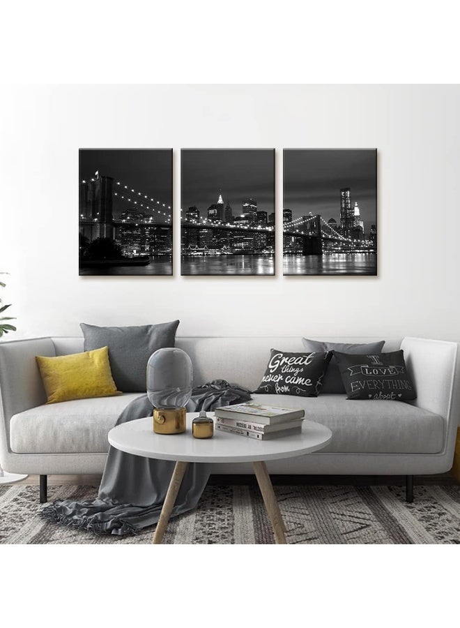 Pacimo New York Brooklyn Bridge Canvas Wall Art 3 Panels Night View Modern Landscape Artwork Cityscape Pictures Prints on Canvas Wall Decor for Home & Office Decoration - 12 x 16 inch x 3 - Image 2