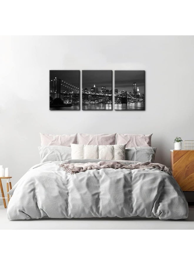 Pacimo New York Brooklyn Bridge Canvas Wall Art 3 Panels Night View Modern Landscape Artwork Cityscape Pictures Prints on Canvas Wall Decor for Home & Office Decoration - 12 x 16 inch x 3 - Image 3