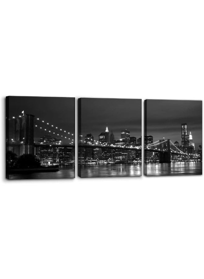 Pacimo New York Brooklyn Bridge Canvas Wall Art 3 Panels Night View Modern Landscape Artwork Cityscape Pictures Prints on Canvas Wall Decor for Home & Office Decoration - 12 x 16 inch x 3 - Image 1
