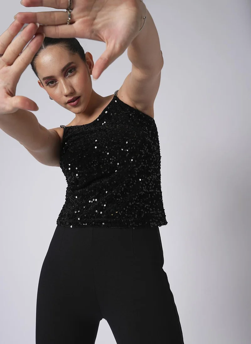 globus Globus Women Round Neck Chain Shoulder Straps Sequinned Velvet Party Top