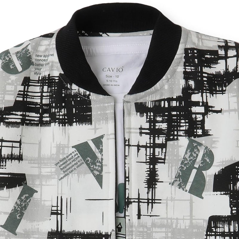 CAVIO Boys Cotton Printed Full Sleeve Jacket and T-Shirt - White - Image 3