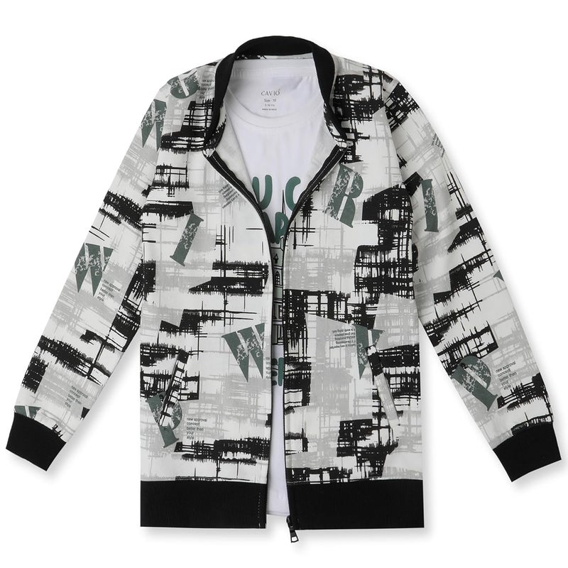 CAVIO Boys Cotton Printed Full Sleeve Jacket and T-Shirt - White - Image 1