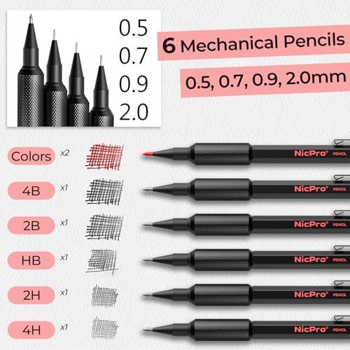 Nicpro Metal Mechanical Pencil Set, 3PCS Art Drafting Pencil 0.5, 0.7, 0.9MM & 2PCS 2MM Mechanical Drawing Pencils with 126 Lead(4B 2B HB 2H 4H Color) Weatherproof Barrel for Writing Sketching Drawing - Image 5