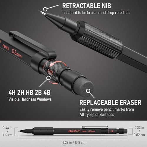 Nicpro Metal Mechanical Pencil Set, 3PCS Art Drafting Pencil 0.5, 0.7, 0.9MM & 2PCS 2MM Mechanical Drawing Pencils with 126 Lead(4B 2B HB 2H 4H Color) Weatherproof Barrel for Writing Sketching Drawing - Image 3