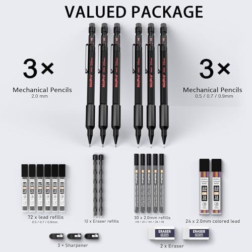 Nicpro Metal Mechanical Pencil Set, 3PCS Art Drafting Pencil 0.5, 0.7, 0.9MM & 2PCS 2MM Mechanical Drawing Pencils with 126 Lead(4B 2B HB 2H 4H Color) Weatherproof Barrel for Writing Sketching Drawing - Image 2