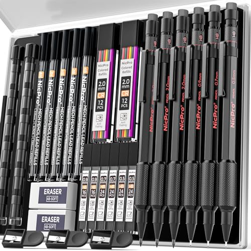 Nicpro Metal Mechanical Pencil Set, 3PCS Art Drafting Pencil 0.5, 0.7, 0.9MM & 2PCS 2MM Mechanical Drawing Pencils with 126 Lead(4B 2B HB 2H 4H Color) Weatherproof Barrel for Writing Sketching Drawing - Image 1