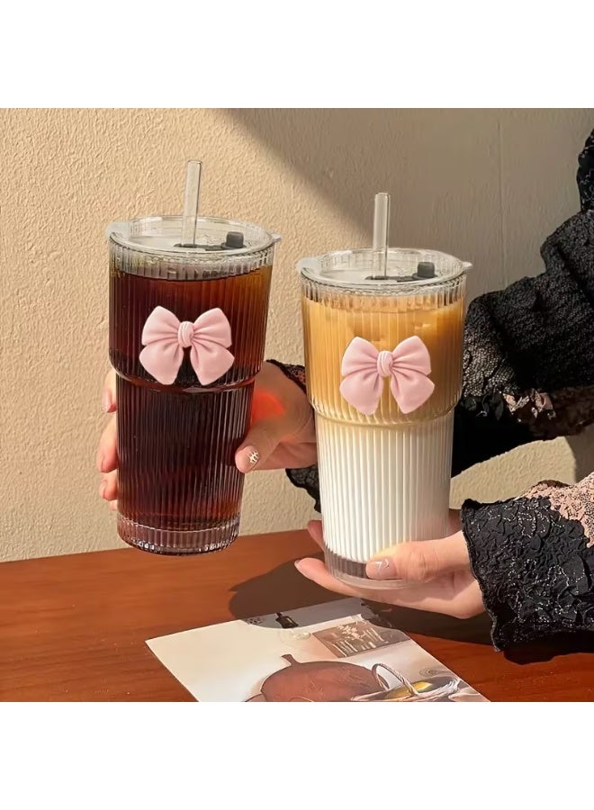KITCHENOO Ice coffee mug, heat resistant and suitable for hot and cold drinks, ideal for home, restaurants and commercial places, and an excellent choice for juice cups and gifts (includes straw, lid and bow decoration) - Image 1