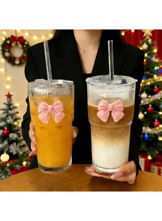 KITCHENOO Ice coffee mug, heat resistant and suitable for hot and cold drinks, ideal for home, restaurants and commercial places, and an excellent choice for juice cups and gifts (includes straw, lid and bow decoration) - Image 3