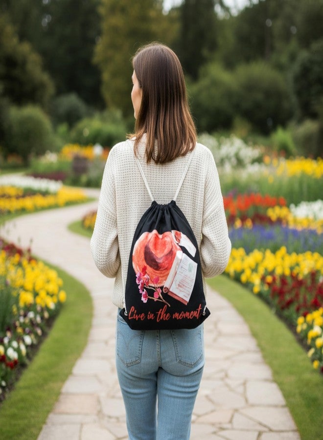 Madosh Black Eco-Friendly Cotton Jute Drawstring Backpack - Lightweight, Spacious & Durable Gym Sack Bag with "Live in the Moment" Print - Reusable for Beach, Cycling, Hiking & Shopping (Pack of 2) - Image 2