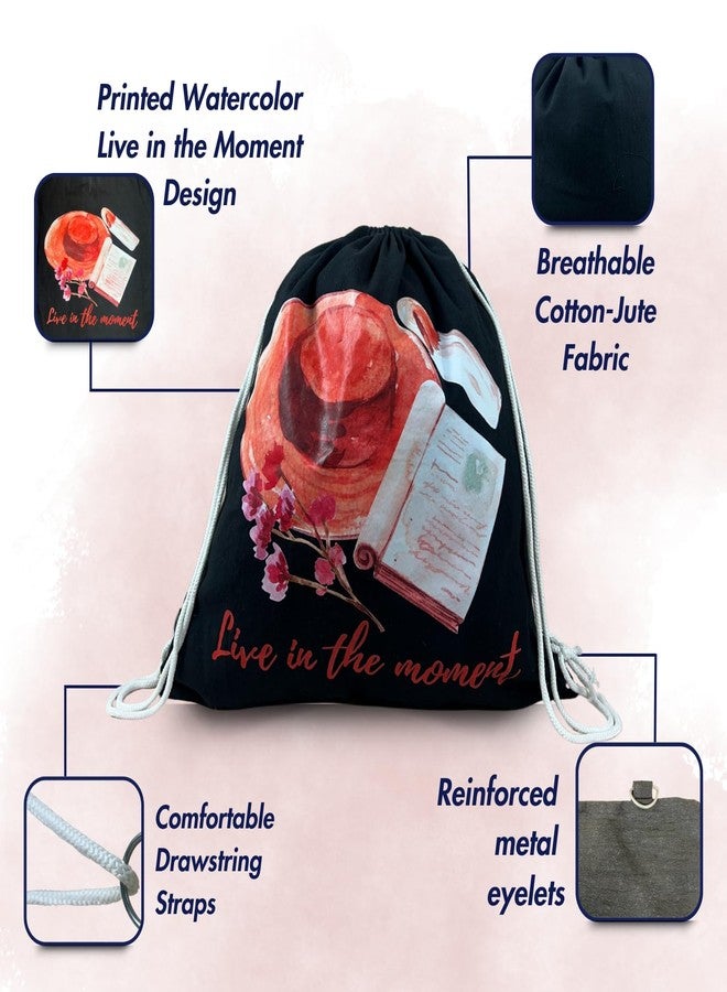 Madosh Black Eco-Friendly Cotton Jute Drawstring Backpack - Lightweight, Spacious & Durable Gym Sack Bag with "Live in the Moment" Print - Reusable for Beach, Cycling, Hiking & Shopping (Pack of 2) - Image 3