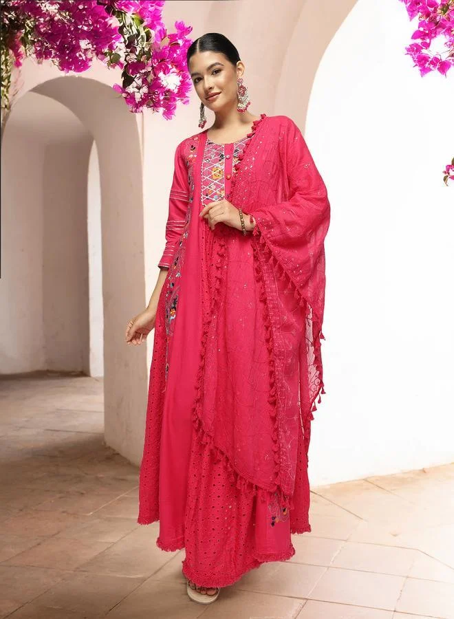 آي شين Women's Pink Viscose Rayon Printed Tunic Top With Ankle Palazzo Flared 3 Peice Kurta Set
