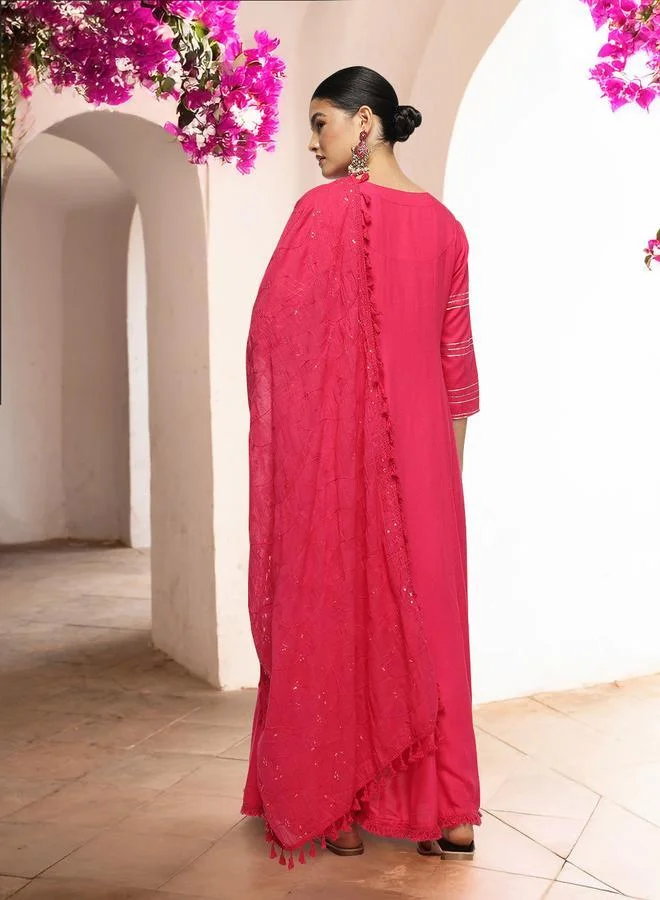 آي شين Women's Pink Viscose Rayon Printed Tunic Top With Ankle Palazzo Flared 3 Peice Kurta Set