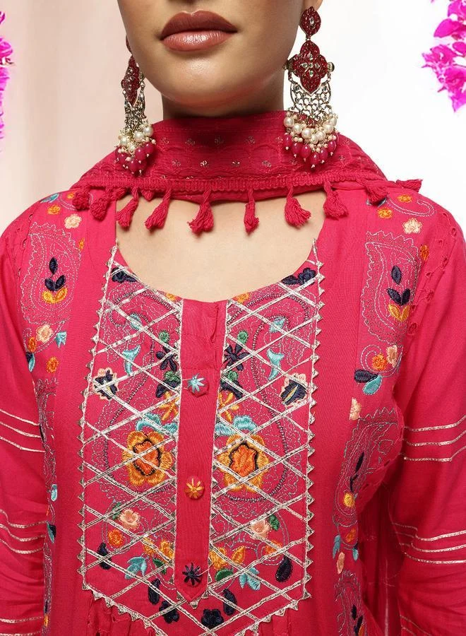 آي شين Women's Pink Viscose Rayon Printed Tunic Top With Ankle Palazzo Flared 3 Peice Kurta Set
