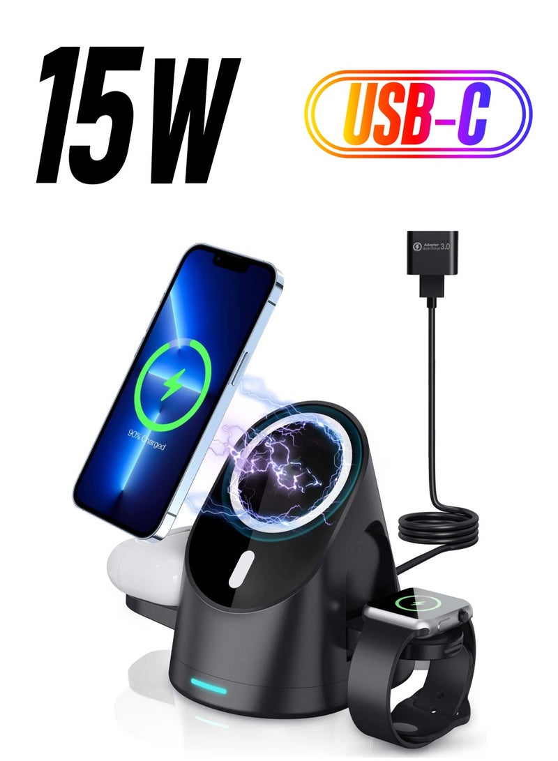 Excefore Magnetic Wireless Charger, 3 in 1 Foldable Wireless Charger Station, 15W Fast Charging Dock Stand for MagSafe iPhone 14/13/13 Pro/13 Pro Max/12 mini/12/12 Pro/iWatch 6/5/4/3/2/Airpods 2/Pro - Image 1