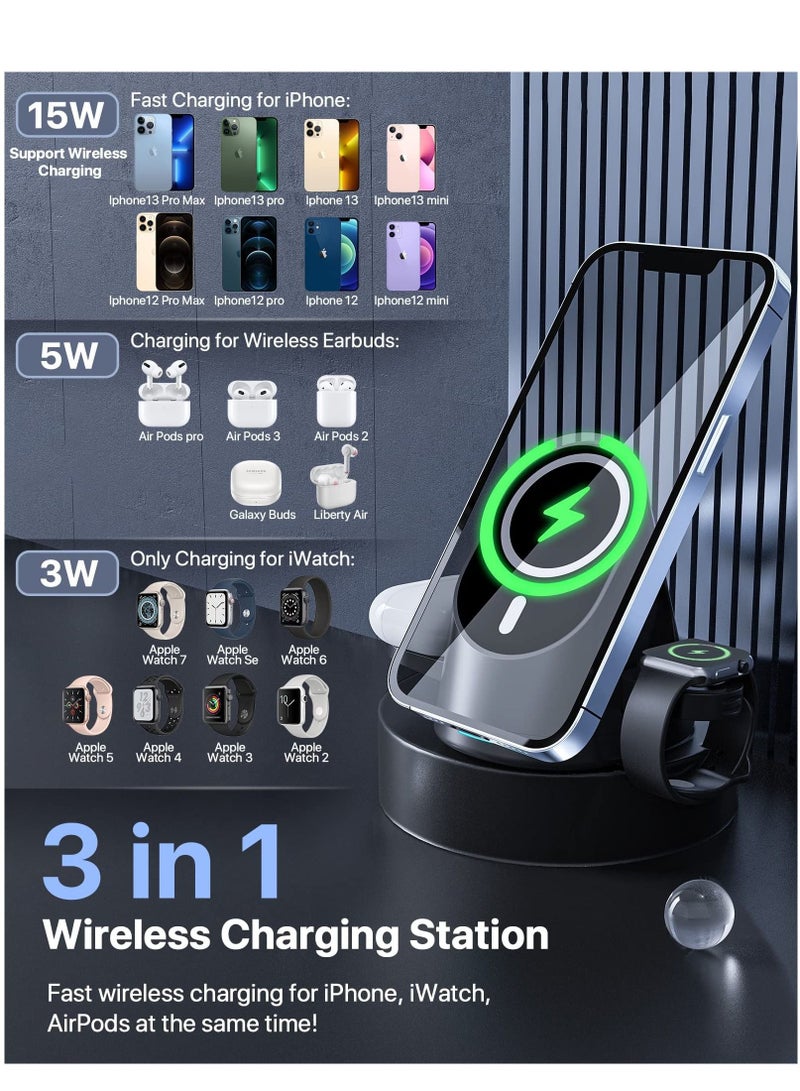 Excefore Magnetic Wireless Charger, 3 in 1 Foldable Wireless Charger Station, 15W Fast Charging Dock Stand for MagSafe iPhone 14/13/13 Pro/13 Pro Max/12 mini/12/12 Pro/iWatch 6/5/4/3/2/Airpods 2/Pro - Image 2