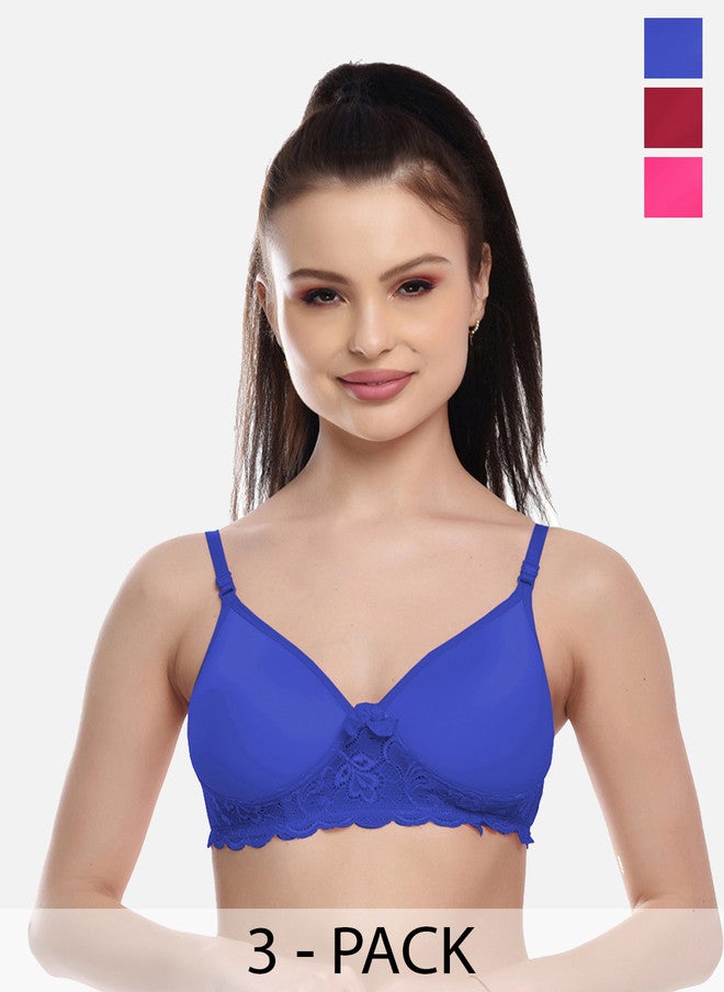 FIMS Pack of 3 Blue & Red Solid Cotton Lightly Padded Seamless Lace Bra - Image 1