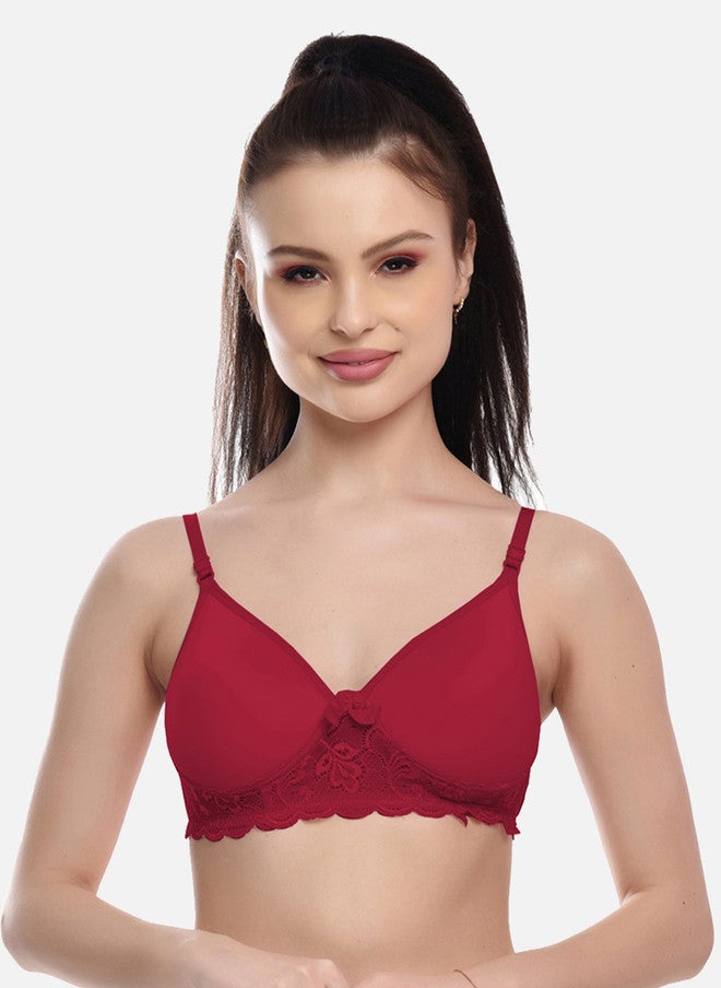 FIMS Pack of 3 Blue & Red Solid Cotton Lightly Padded Seamless Lace Bra - Image 2