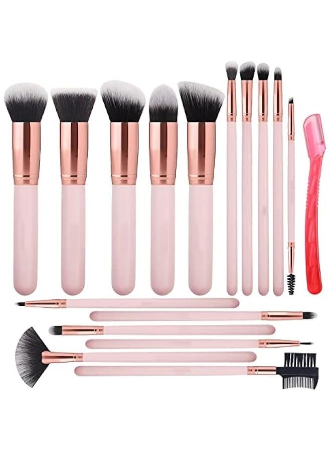 BWSJ 16  Makeup Brushes Set with Eyebrow Razor for Blending Foundation Powder Eye Shadow Concealer in Pink Color - Image 1