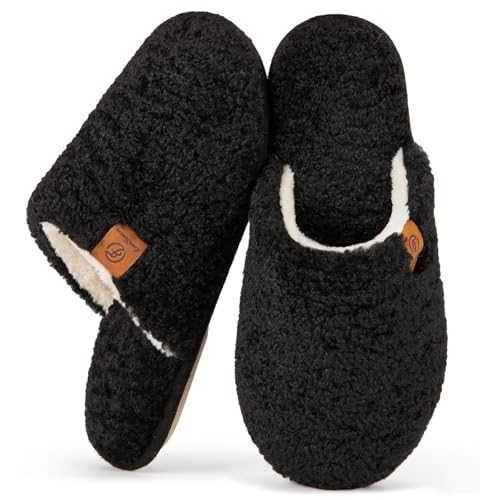 EverFoams Women's Fuzzy Slip-on Slippers Warm Cozy Soft Lightweight Memory Foam Indoor House Shoes Black, 5-6 US - Image 1