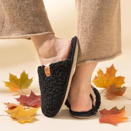 EverFoams Women's Fuzzy Slip-on Slippers Warm Cozy Soft Lightweight Memory Foam Indoor House Shoes Black, 5-6 US - Image 3