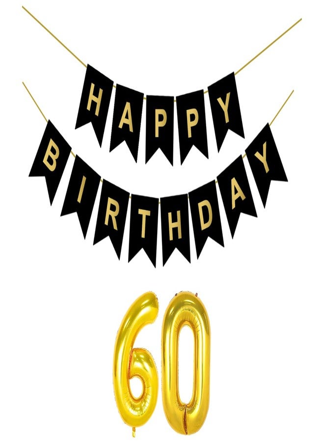 Flyloons 60th Black Colour Happy Birthday Banner Decoration Kit for 60 year Old Boys Girls Baby | with Number Sixty | 13 Pcs Reusable Cardstock Happy Birthday Paper Banner
