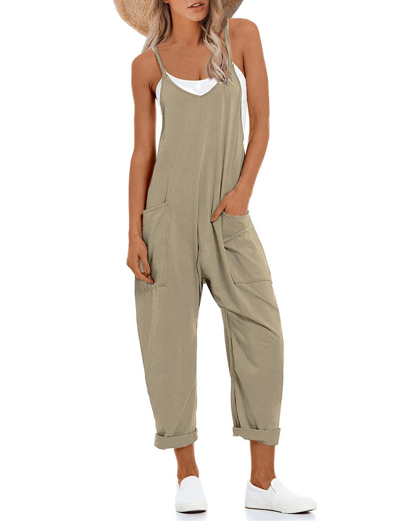 Lentta Women's Causal Jumpsuits V Neck Sleeveless Harem Overalls Stretchy Adjustable Strap Romper with Pockets(DarkKhaki-L) - Image 1