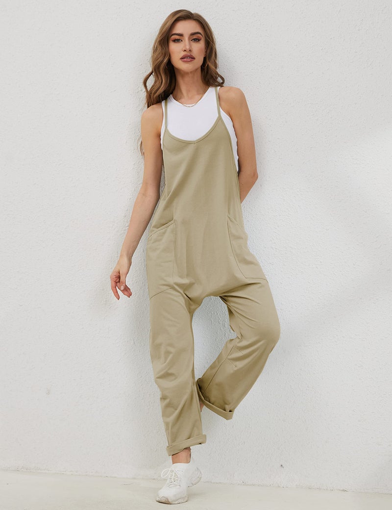 Lentta Women's Causal Jumpsuits V Neck Sleeveless Harem Overalls Stretchy Adjustable Strap Romper with Pockets(DarkKhaki-L) - Image 3