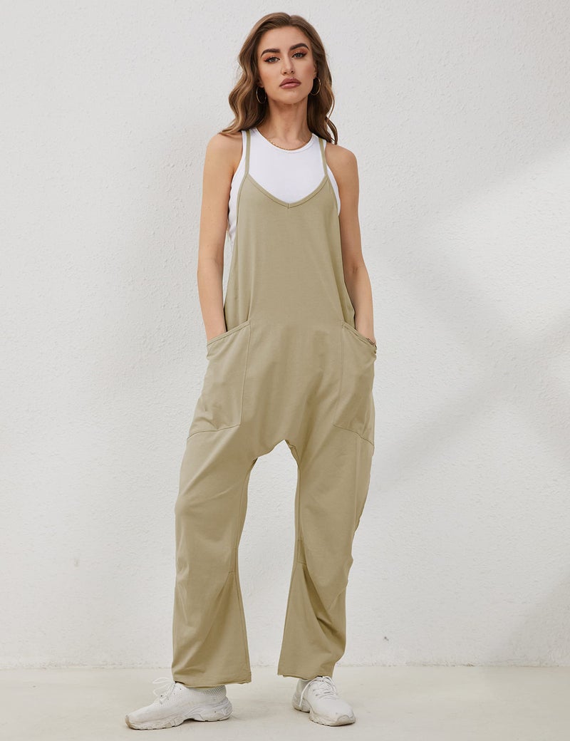 Lentta Women's Causal Jumpsuits V Neck Sleeveless Harem Overalls Stretchy Adjustable Strap Romper with Pockets(DarkKhaki-L) - Image 4