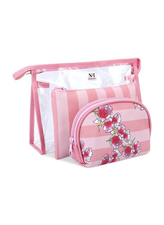 NFI essentials NFI essentials Set of 3 Flower Print Cosmetic Pouch Makeup Pouch Vanity Pouch Travel Organizer Toiletry Pouch for Women, Striped Wristlet Zippered Pouch Set, Large, Medium, Small  - Image 1