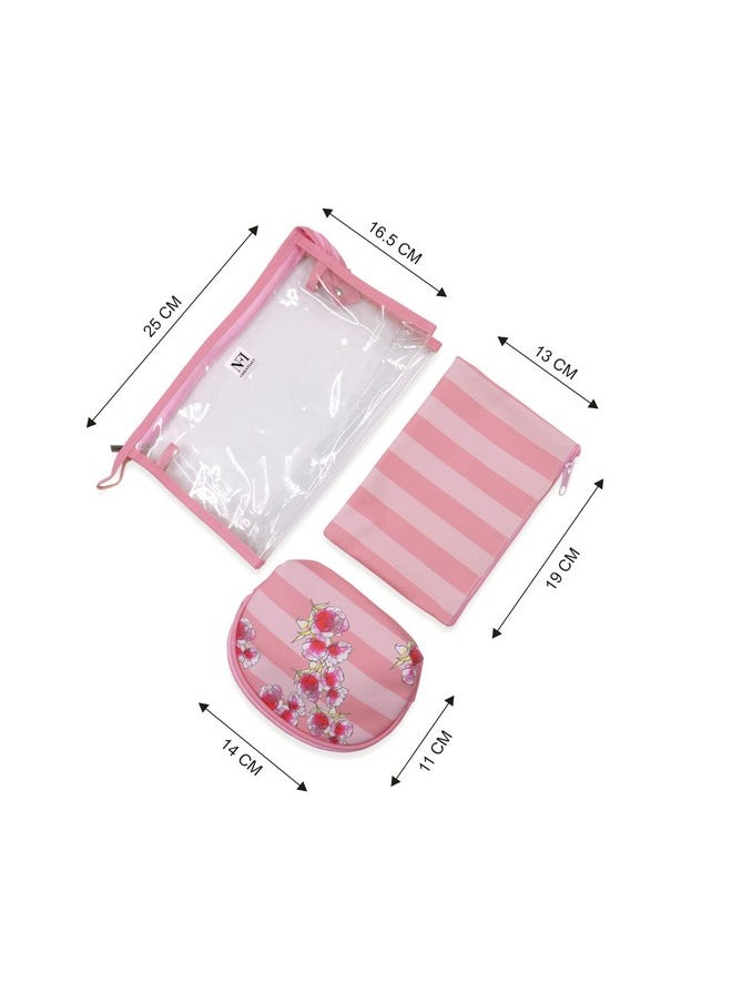 NFI essentials NFI essentials Set of 3 Flower Print Cosmetic Pouch Makeup Pouch Vanity Pouch Travel Organizer Toiletry Pouch for Women, Striped Wristlet Zippered Pouch Set, Large, Medium, Small  - Image 4