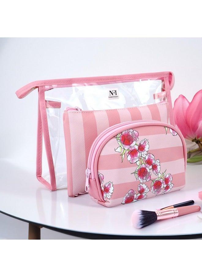NFI essentials NFI essentials Set of 3 Flower Print Cosmetic Pouch Makeup Pouch Vanity Pouch Travel Organizer Toiletry Pouch for Women, Striped Wristlet Zippered Pouch Set, Large, Medium, Small  - Image 5