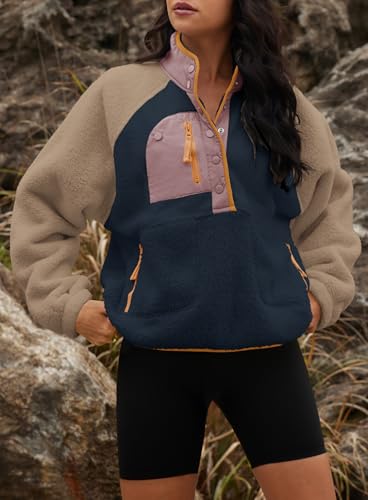 Yanekop Womens Fuzzy Fleece Pullover Sherpa Sweatshirt Long Sleeve Button Down Sweater Winter Fleece Jacket with Pockets(Navy Khaki,XS) - Image 5
