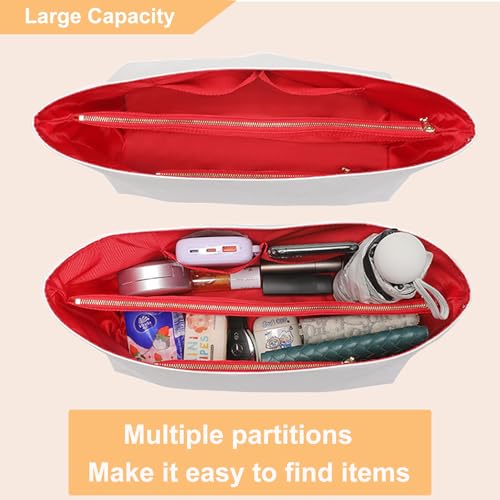 Doxo Purse Organizer Insert,Tote Bag Insert for LV Neverfull PM, C.oach City 30 and More, Ultra Lightweight Bag Organizer Insert with Zipper (Medium,White-red) - Image 4
