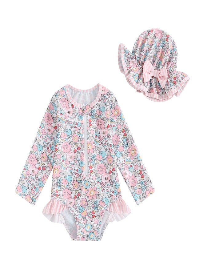 FOMOYUU Baby Girl Rash Guard Swimsuit Floral One Piece Bathing Suit Infant Zipper Swimwear + Hat Sun Protection Beach Wear (Pink1, 6-9 Months) - Image 1