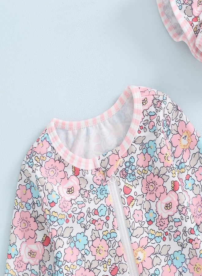 FOMOYUU Baby Girl Rash Guard Swimsuit Floral One Piece Bathing Suit Infant Zipper Swimwear + Hat Sun Protection Beach Wear (Pink1, 6-9 Months) - Image 3