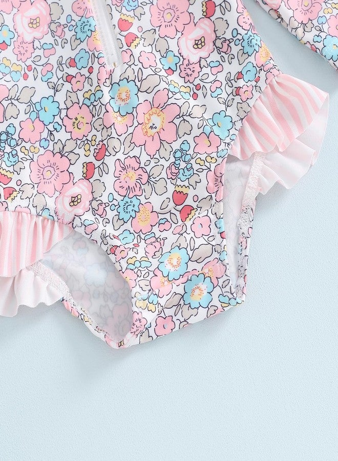 FOMOYUU Baby Girl Rash Guard Swimsuit Floral One Piece Bathing Suit Infant Zipper Swimwear + Hat Sun Protection Beach Wear (Pink1, 6-9 Months) - Image 5