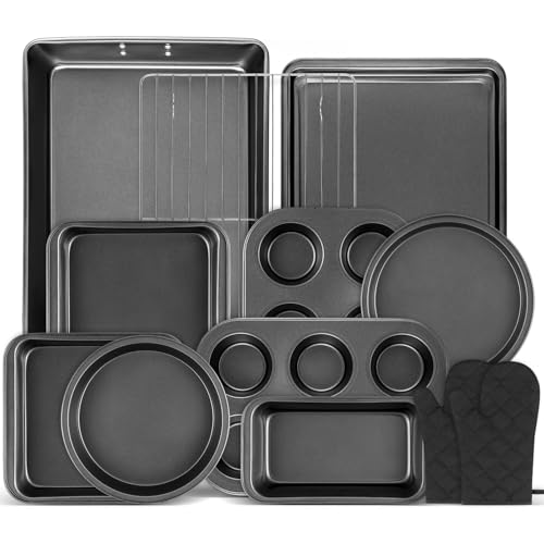 Gymdin 12PCS Nonstick Bakeware Set, Non-Toxic Carbon Steel Baking Pans Set with Wider Grip, Includes Roasting Pan, Cookie Sheet, Cake Pans, Muffin Pans, Cooling Rack, Oven Mitts, Easy Release - Image 1