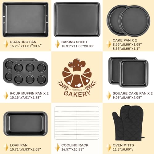 Gymdin 12PCS Nonstick Bakeware Set, Non-Toxic Carbon Steel Baking Pans Set with Wider Grip, Includes Roasting Pan, Cookie Sheet, Cake Pans, Muffin Pans, Cooling Rack, Oven Mitts, Easy Release - Image 3
