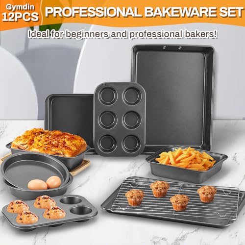 Gymdin 12PCS Nonstick Bakeware Set, Non-Toxic Carbon Steel Baking Pans Set with Wider Grip, Includes Roasting Pan, Cookie Sheet, Cake Pans, Muffin Pans, Cooling Rack, Oven Mitts, Easy Release - Image 4