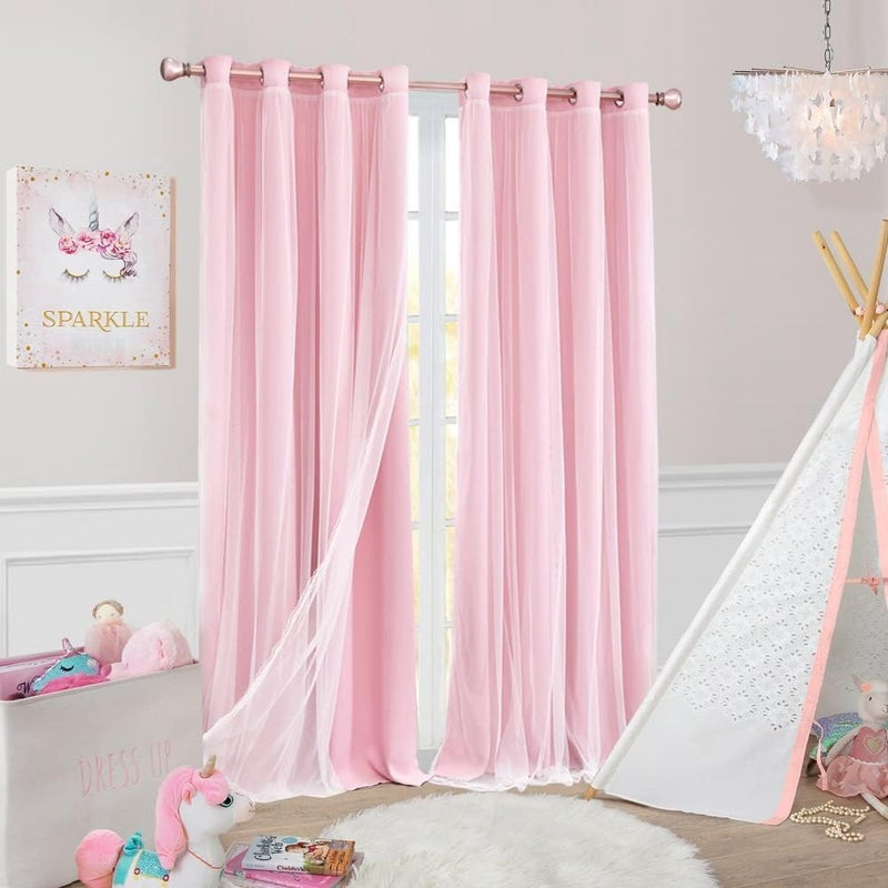 SOFJAGETQ Short Pink Curtains 63 Inch Long- Blackout Curtains with Voile Sheer Drapes Thermal Pink Window Treatments with Tie-Backs for Kids/Girls Bedroom Nursery Living Room, Elegant, 2 Panels - Image 1