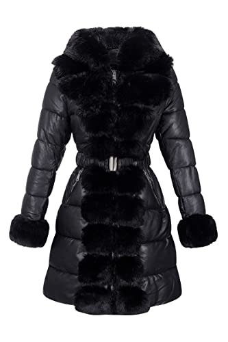RISISSIDA Puffer Jacket Women Winter Down Faux Fur Lined Puffy Coat with Long Collar Hood Thicken Quilted Warm Leather Bubble Overcoat Black XXL