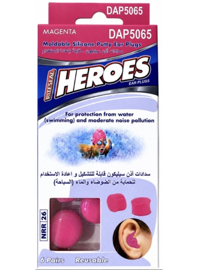 RITESEAL HEROES Moldable Silicone Putty Ear Plugs, Magenta, 6 Pairs, NRR 26